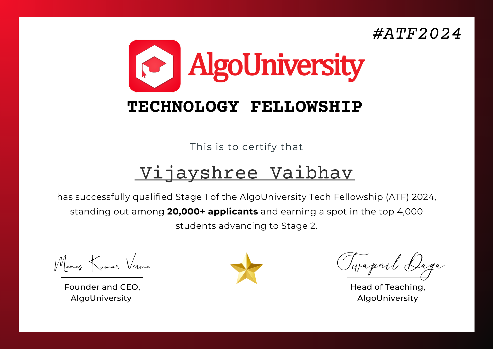 AlgoUniversity Technology Fellowship Stage 1 qualification certificate