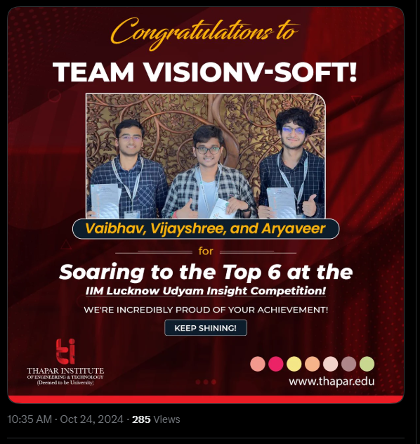 TIET congratulations to VisionV-Soft for Top 6 at IIM Lucknow Udyam Insight
