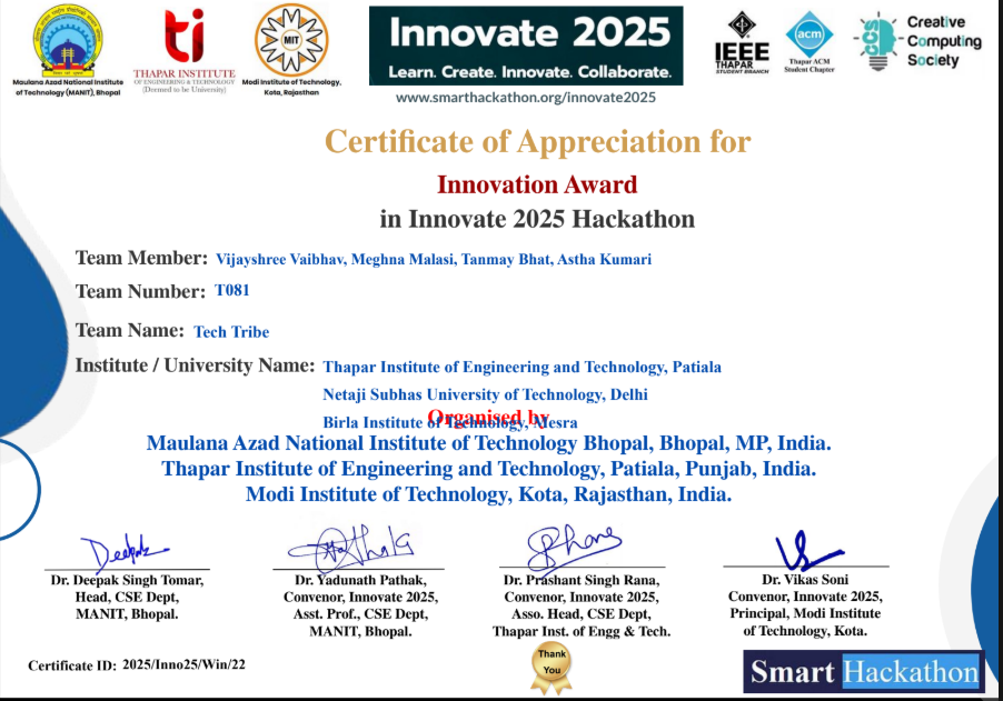Innovate 2025 Innovation Award certificate naming Vijayshree Vaibhav and Team Tech Tribe