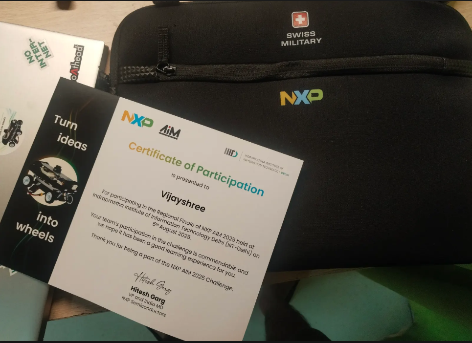 Vijayshree’s NXP AIM 2025 regional finale participation certificate and NXP kit