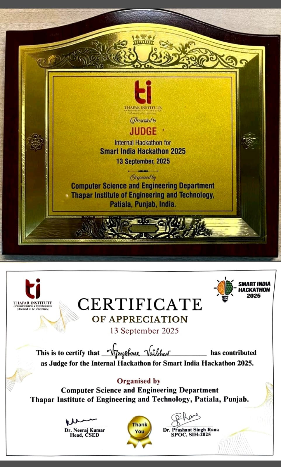 Judge award and certificate of appreciation for Vijayshree Vaibhav at the internal Smart India Hackathon 2025