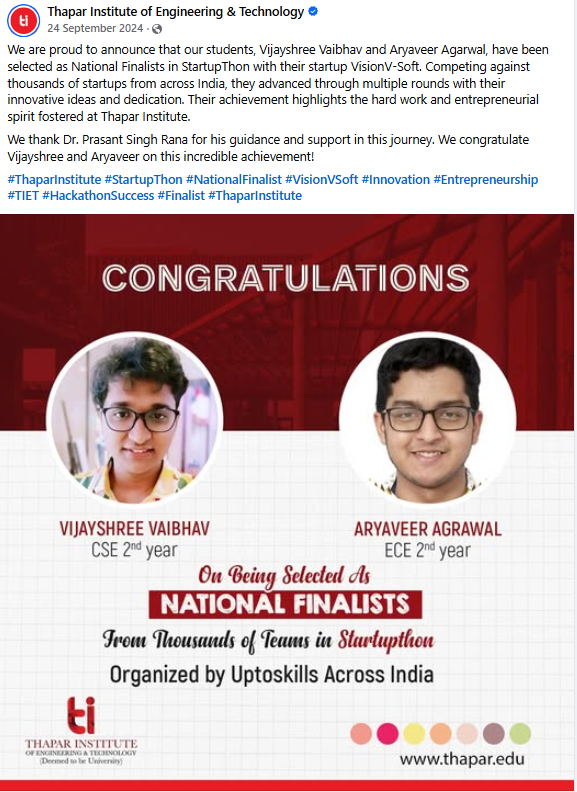September 2024 Thapar announcement of Startupthon national finalists