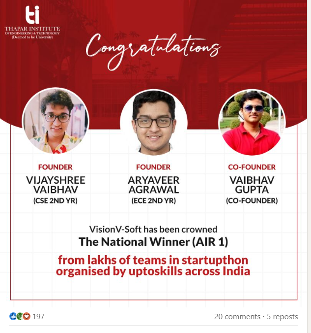 Thapar announcement: VisionV-Soft national winner AIR 1