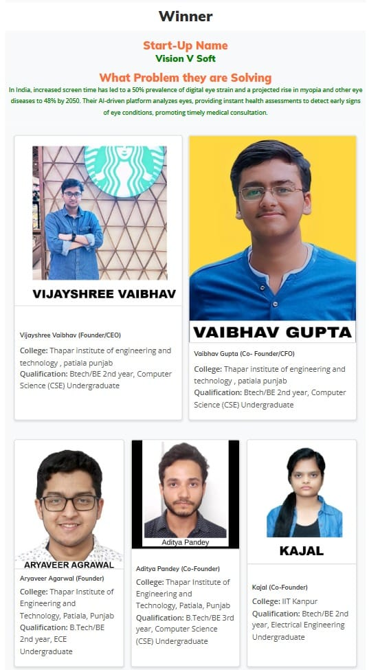 Supplied Vision V Soft winner profile showing Vijayshree Vaibhav and the founding team